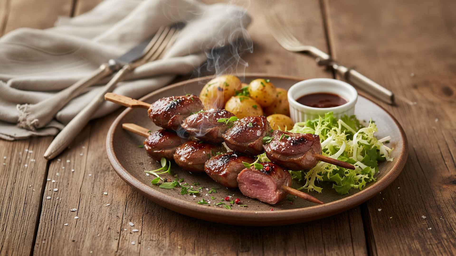 Brochettes de cœurs de canard marinées Image