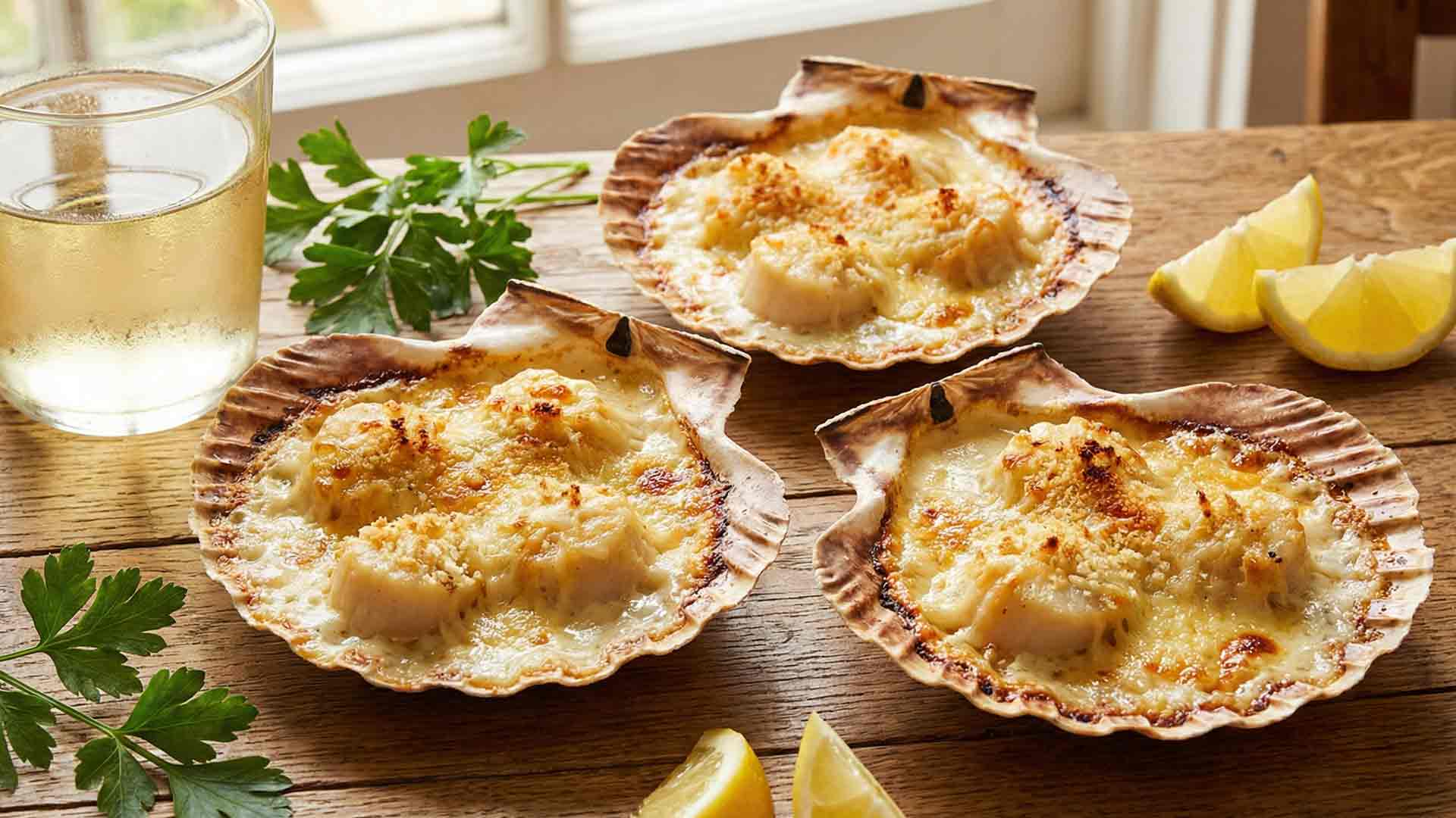 Recette de coquilles Saint-Jacques gratinées au vin blanc Image