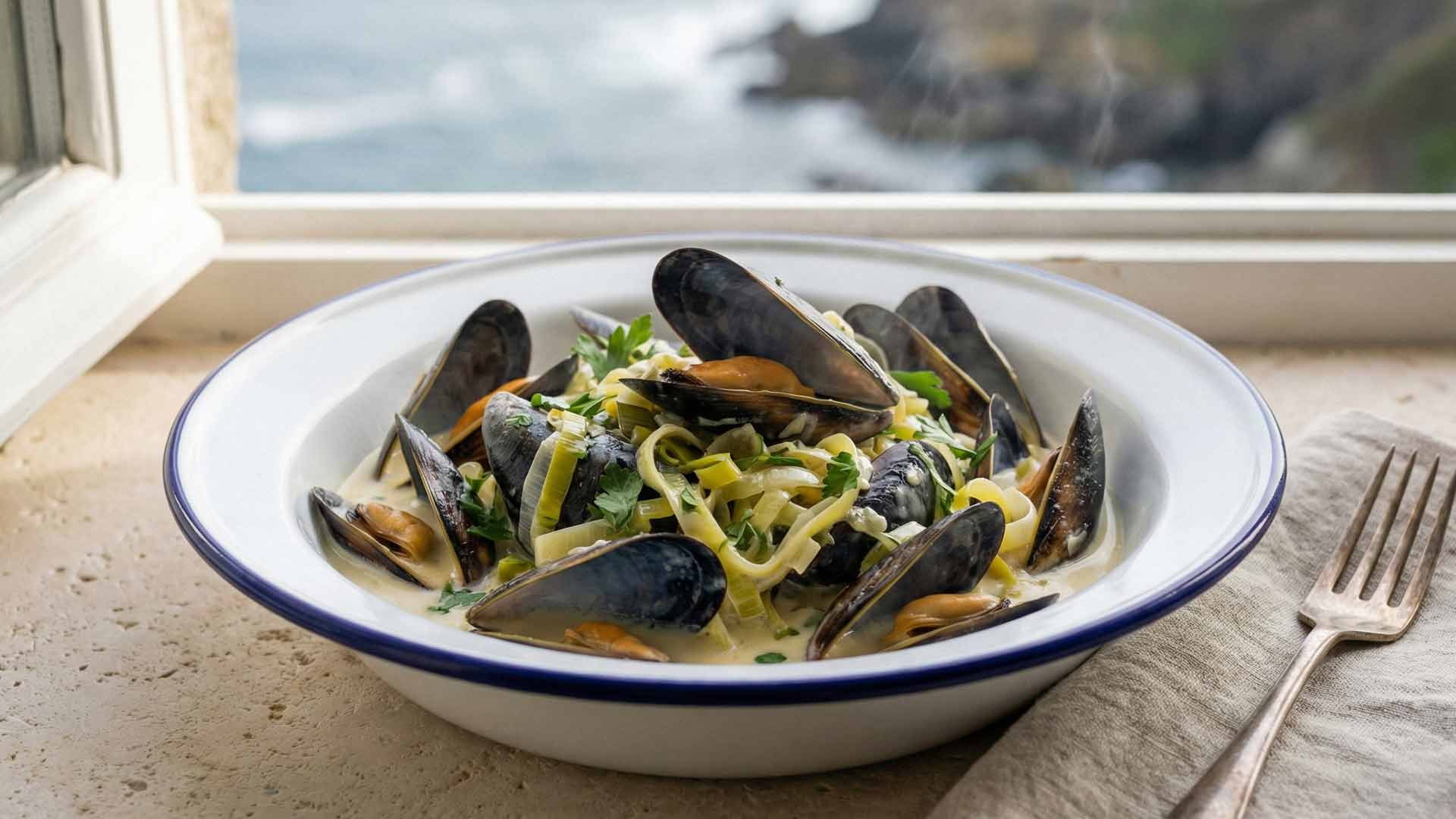 Moules poireaux creme vin blanc