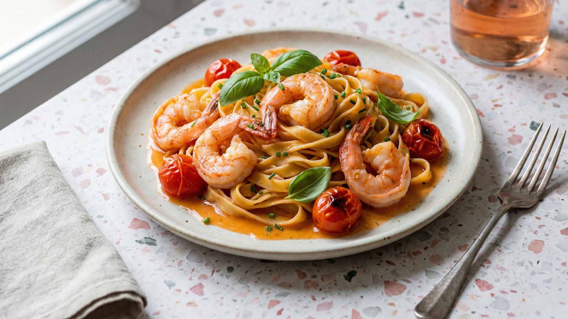 Pâtes aux crevettes, tomates et rosé Image