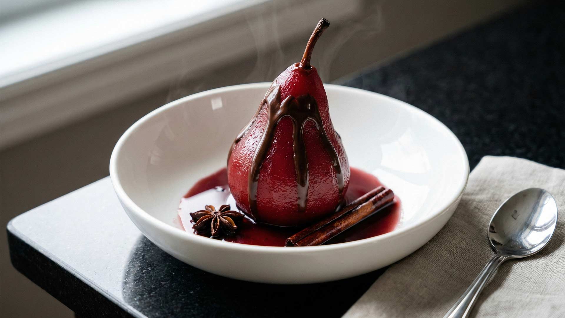 Poire pochée au vin rouge et chocolat Image