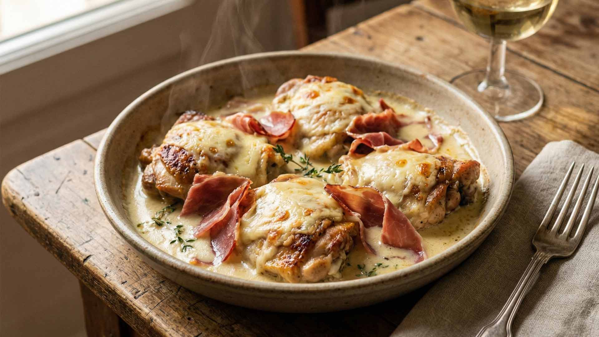 Poulet au cantal vin blanc et creme fraiche et jambon