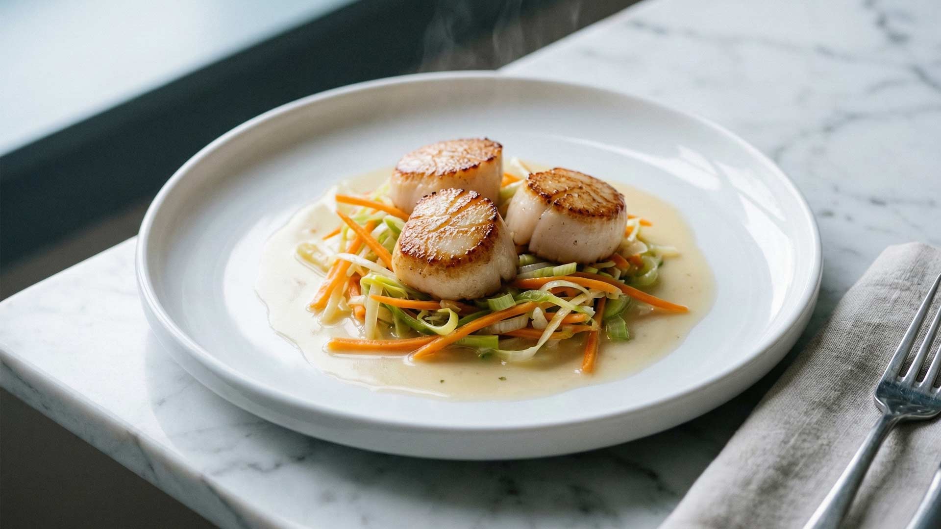 Saint jacques au vin blanc sur julienne de légumes Image
