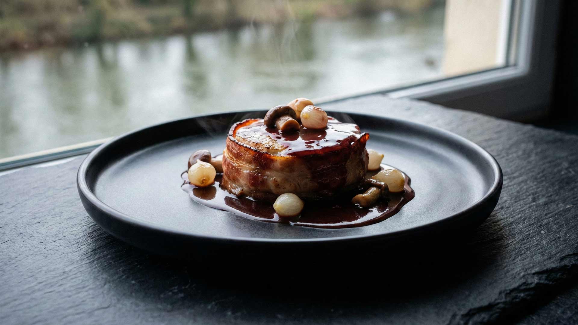 Tournedos de sandre au lard et vin rouge