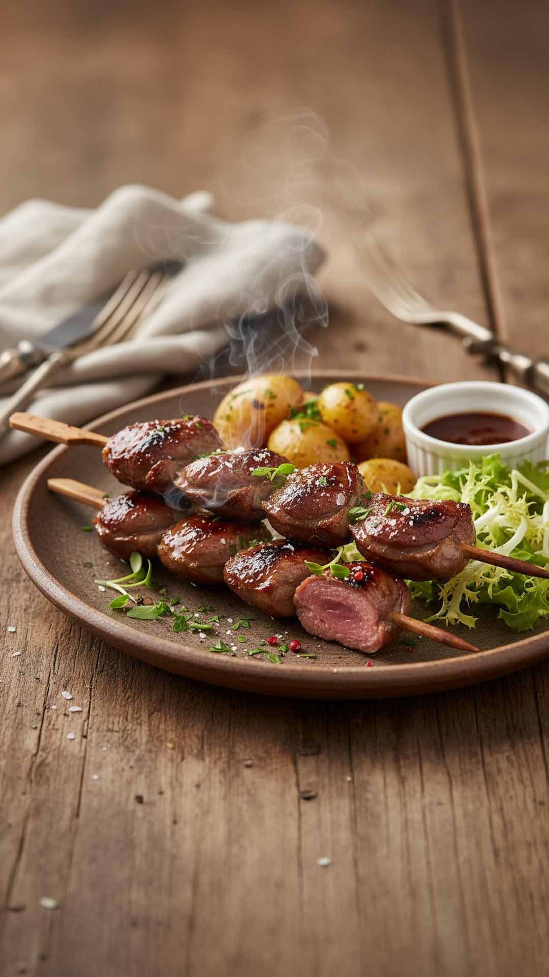 Brochettes de cœurs de canard marinées mobile