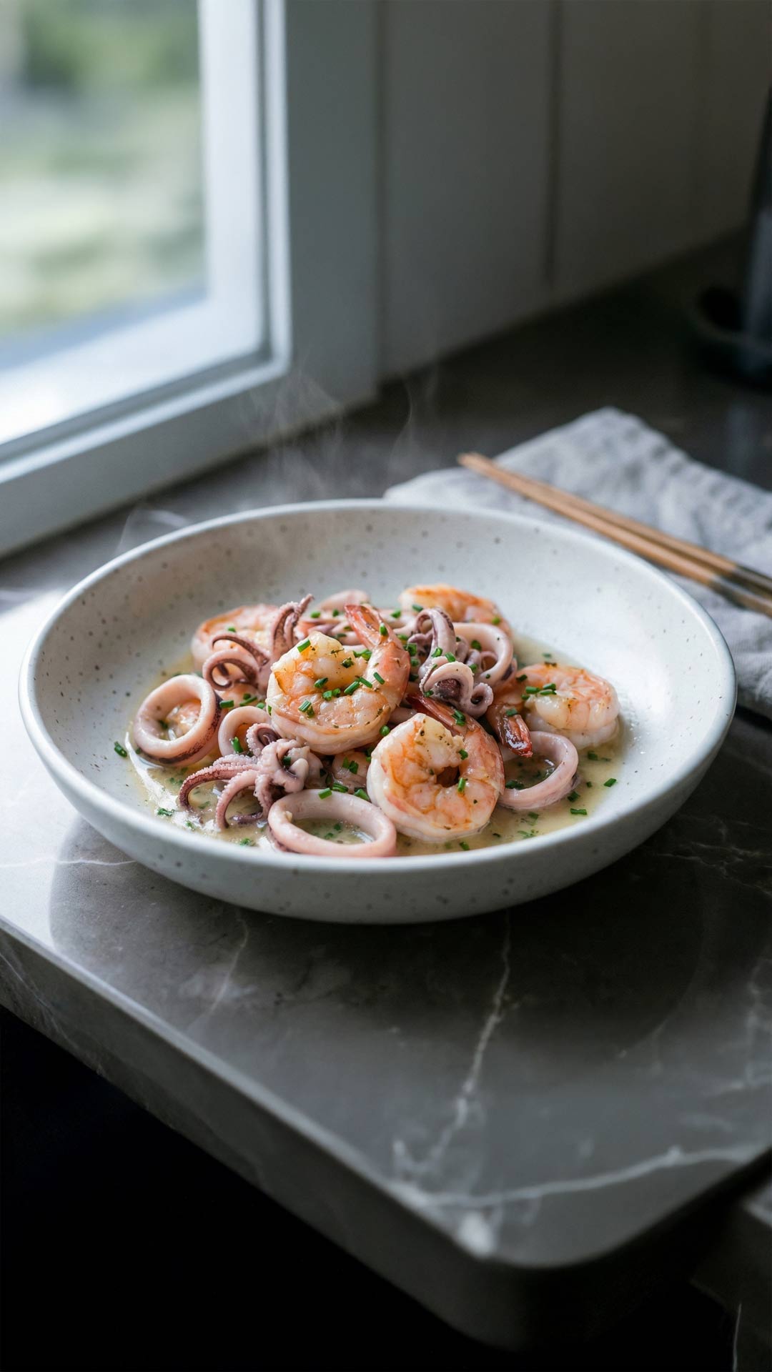 Crevettes et calamars au vin blanc cuits au wok mobile