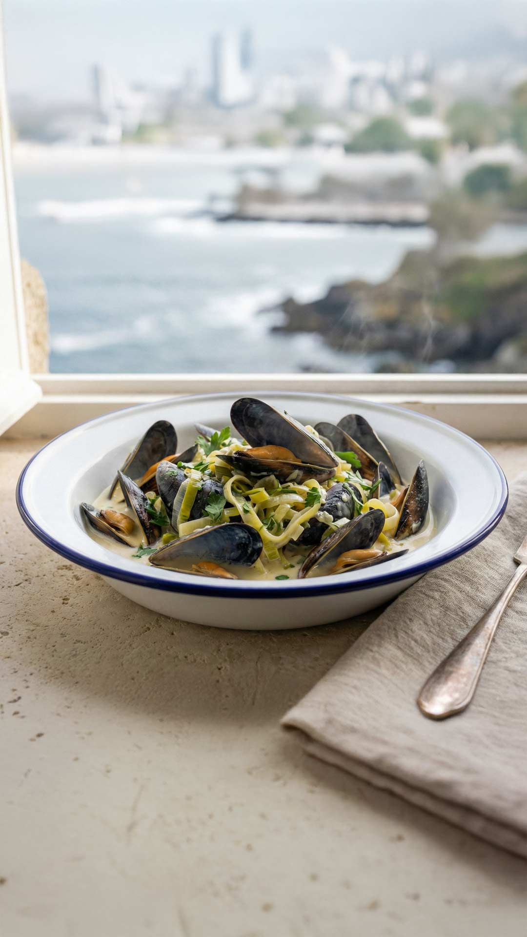 Moules poireaux creme vin blanc mobile