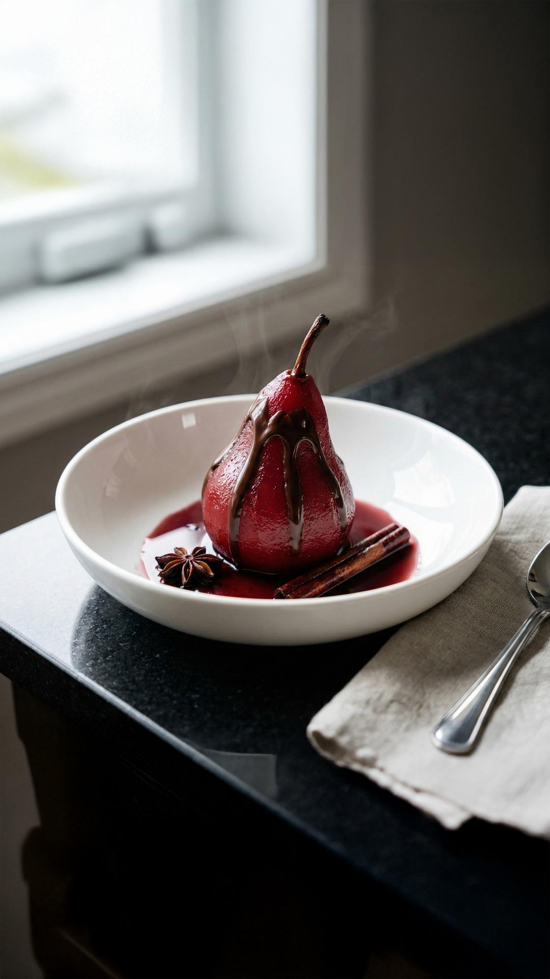Poire pochée au vin rouge et chocolat mobile