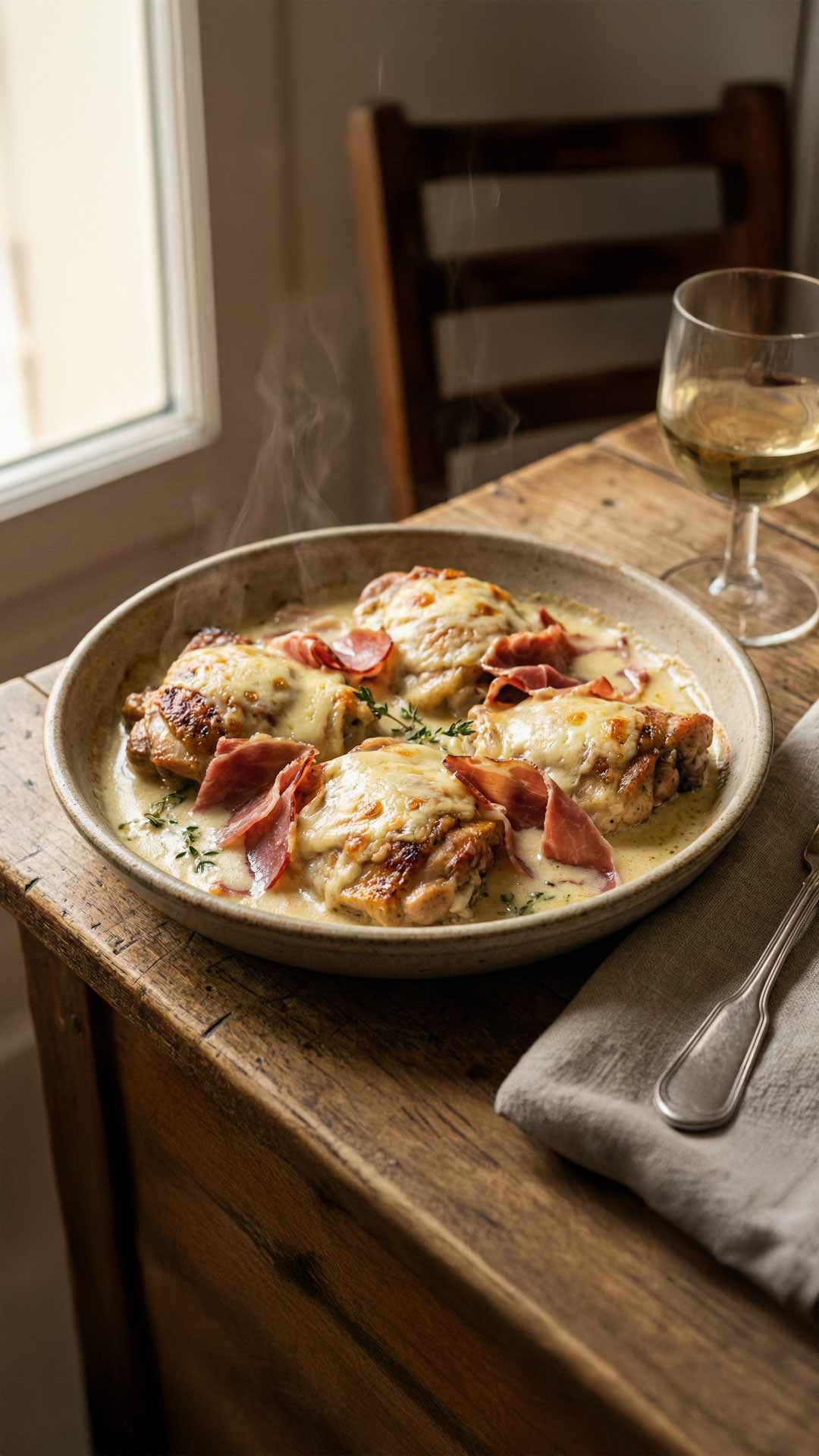 Poulet au cantal vin blanc et creme fraiche et jambon mobile